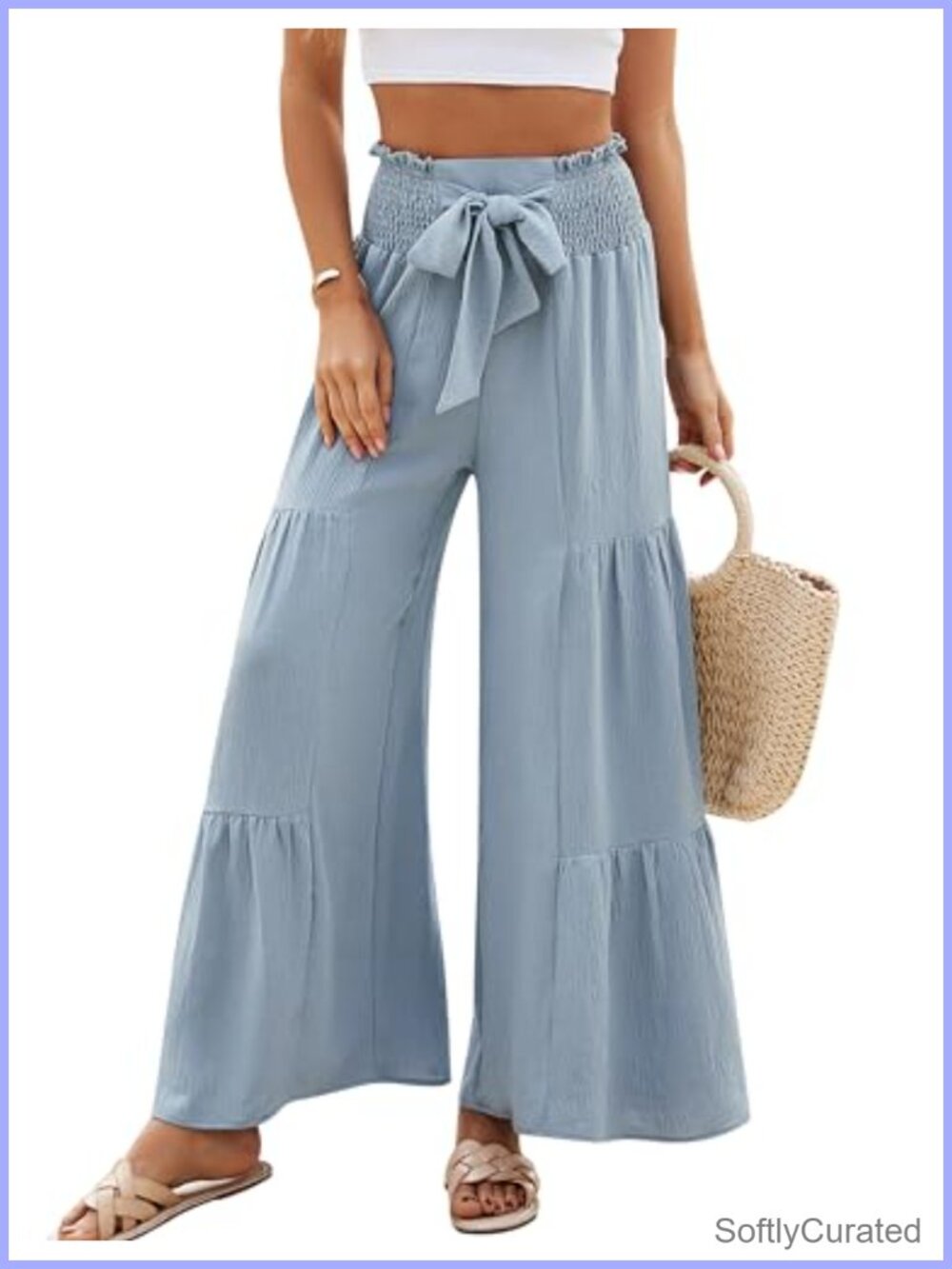 Wide Leg Palazzo Pants High Waisted Bow Tie Waist Casual Beach Lounge
